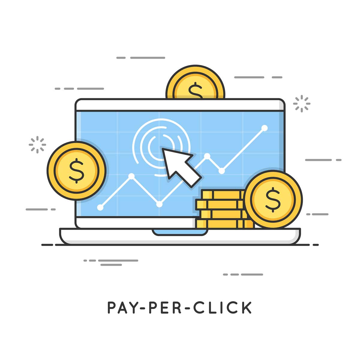 Pay per click, internet marketing. Flat line art style concept. cartoon depiction of computer with coins overlaying it