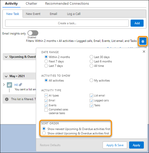 sort upcoming and overdue activities