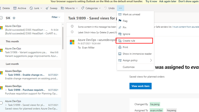 Create rule in Outlook web for Azure DevOps notifications