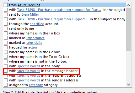 setting rule in Outlook with specific words in the message header