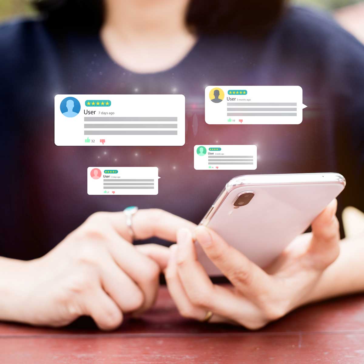 candidate engaging with job postings and career opportunities in manufacturing online using her phone. image of a woman's hands holding a cell phone with blank user messages floating above