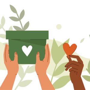 People hands holding donation box and donating money for charity. Volunteers collecting and putting coins in donation box. Charity financial support concept. Flat cartoon vector illustration