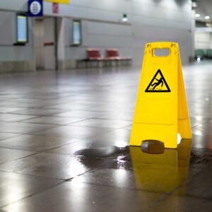 safety caution yellow slip and fall sign next to a wet puddle