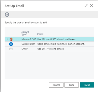 set up email window in Business Central