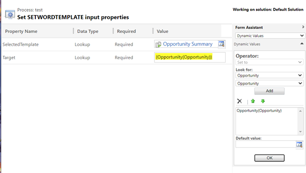 Set setWordTemplate input properties