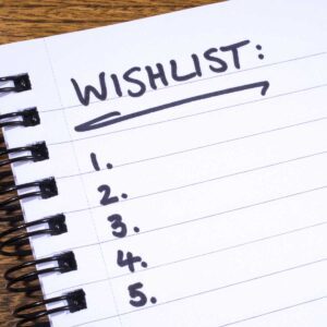 Empty Wish List notepad with sharpie marker writing