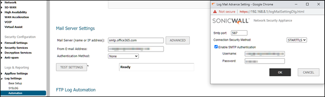 Mail Server Settings in SonicWall OS