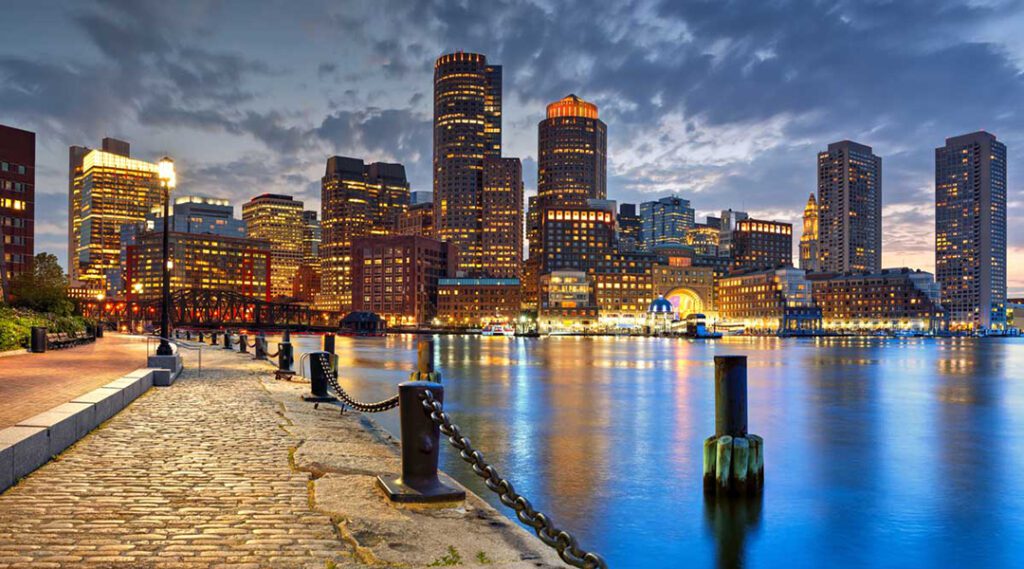 Boston, Massachusetts Skyline at Night on the Water