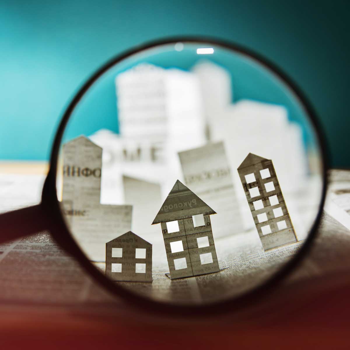 Magnifying-glass-in-front-of-an-open-newspaper-with-paper-buildings.-Concept-of-commercial-real-estate.