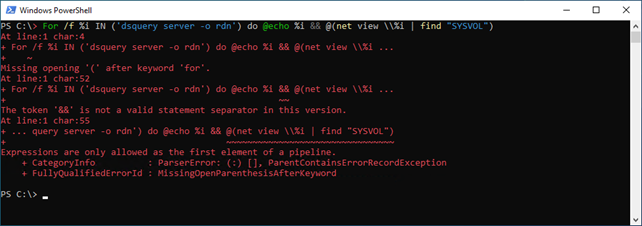 At the command prompt type: For /f %i IN ('dsquery server -o rdn') do @echo %i && @(net view \\%i | find "SYSVOL")