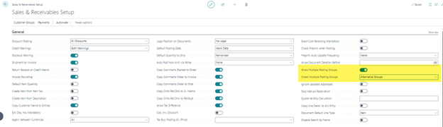 Business Central Sales & Receivables setup window