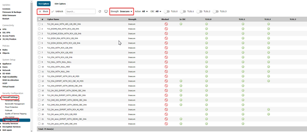 disabling unsafe ciphers in SonicWall version 6.5