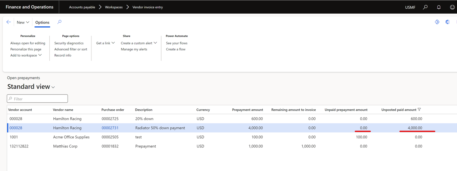 Open Prepayments form