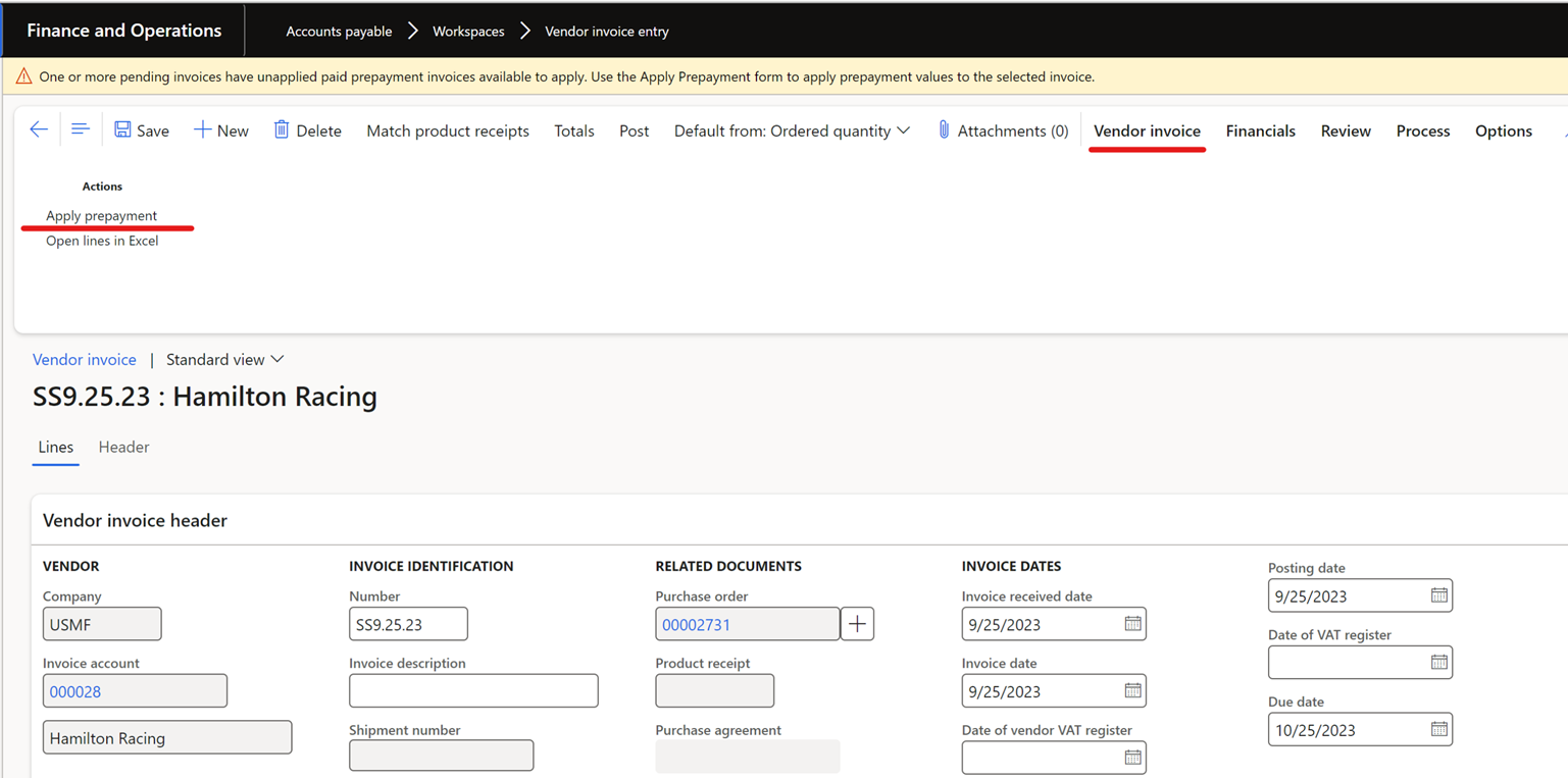 apply prepayment to vendor invoice