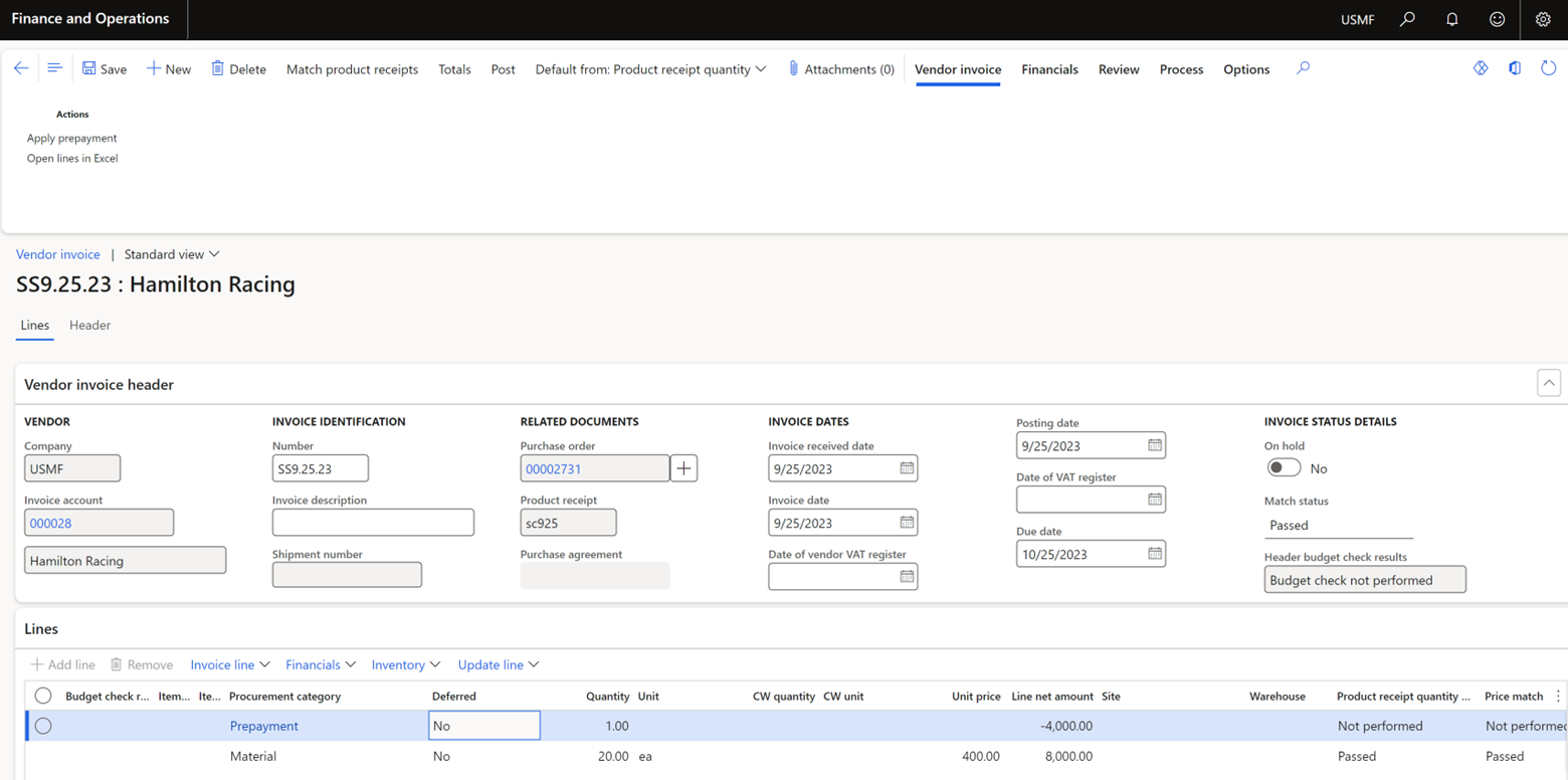 applied credit to Vendor Invoice