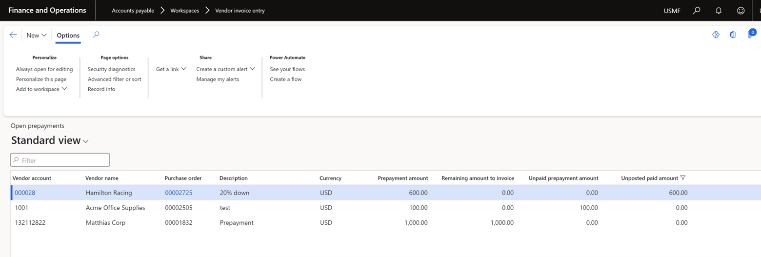 Open Prepayments form