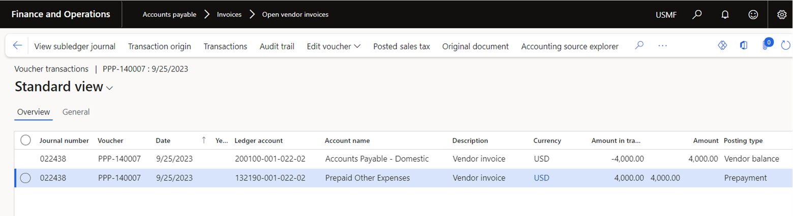 Finance and Operations standard view