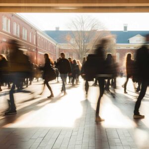 Crowd-of-students-walking-through-a-college-campus-on-a-sunny-day,-motion-blur