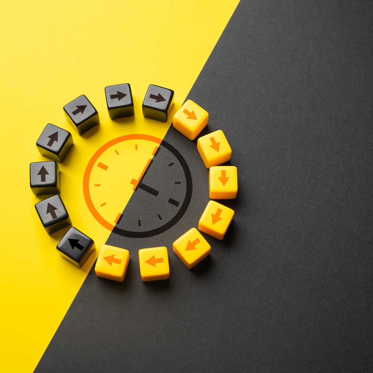 image depicting cyclical changes. clock with arrows pointing clockwise in a circle on a black and yellow background