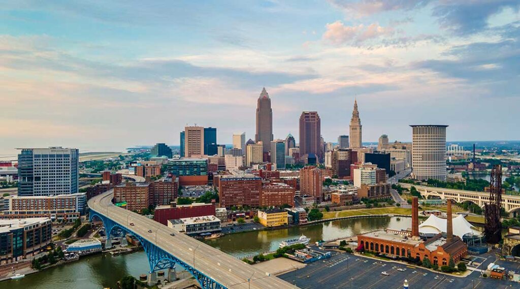Cleveland Ohio skyline; bird's eye view of Cleveland on the lake