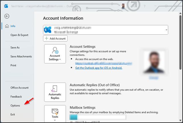 open Outlook options to fix Outlook closing messages