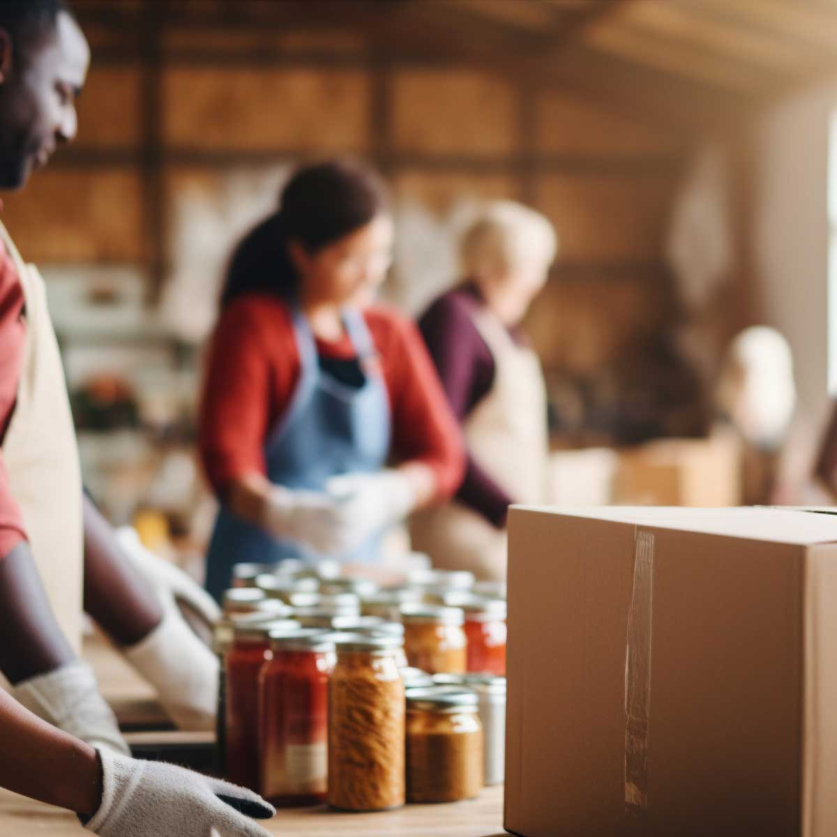 A-group-of-People-Volunteering-for-a-not-for-profit-organization. close up on cardboard box with canned goods next to it. blurred background of volunteers helping sort and pack supplies