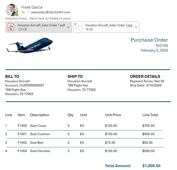 The Sales Order Agent includes autonomous email processing, monitors mailbox for email attachments, and supports PDF documents and image files (JPG, PNG, JPEG).
